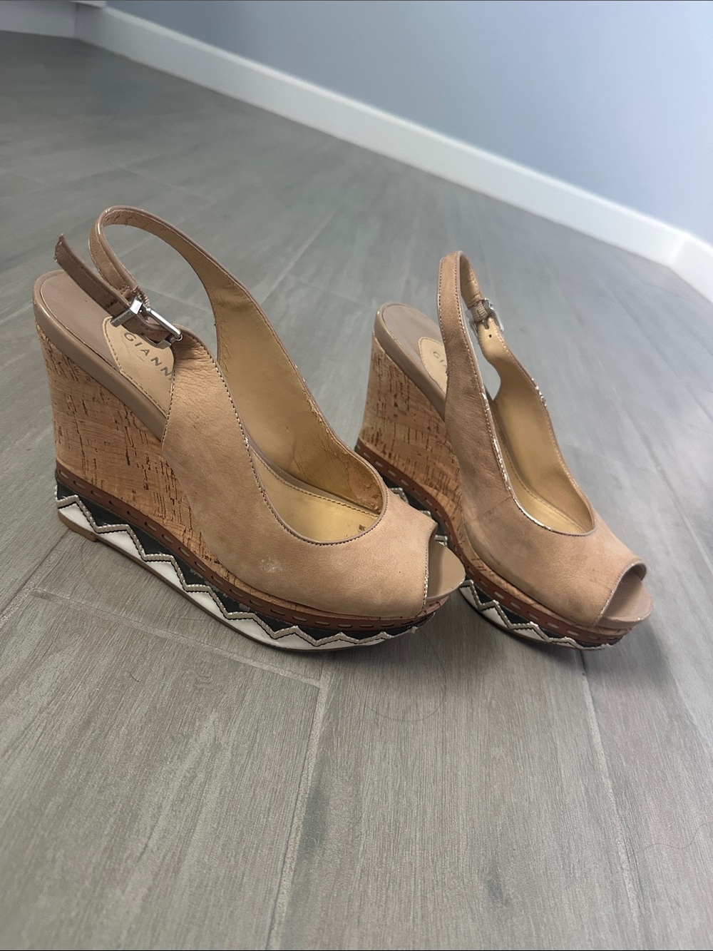 Gianni Bini Beige Suede Cork Wedge Slingback Peep-Toe Sandals